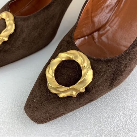 Vintage Paloma Brown Suede Pointy Toe Heels Satin Gold Circle Accent - Picture 9 of 13